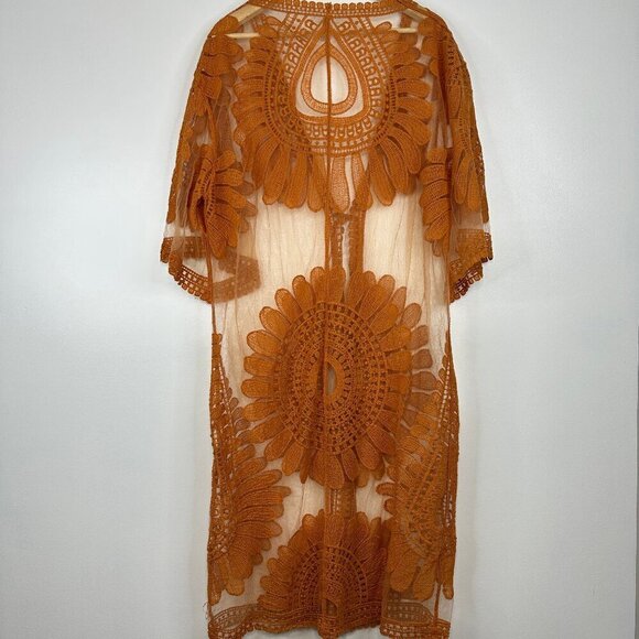 Jardin Elbow Sleeve Kimono Sheer Embroidered Orange Cardi Shawl One Size - Picture 3 of 3